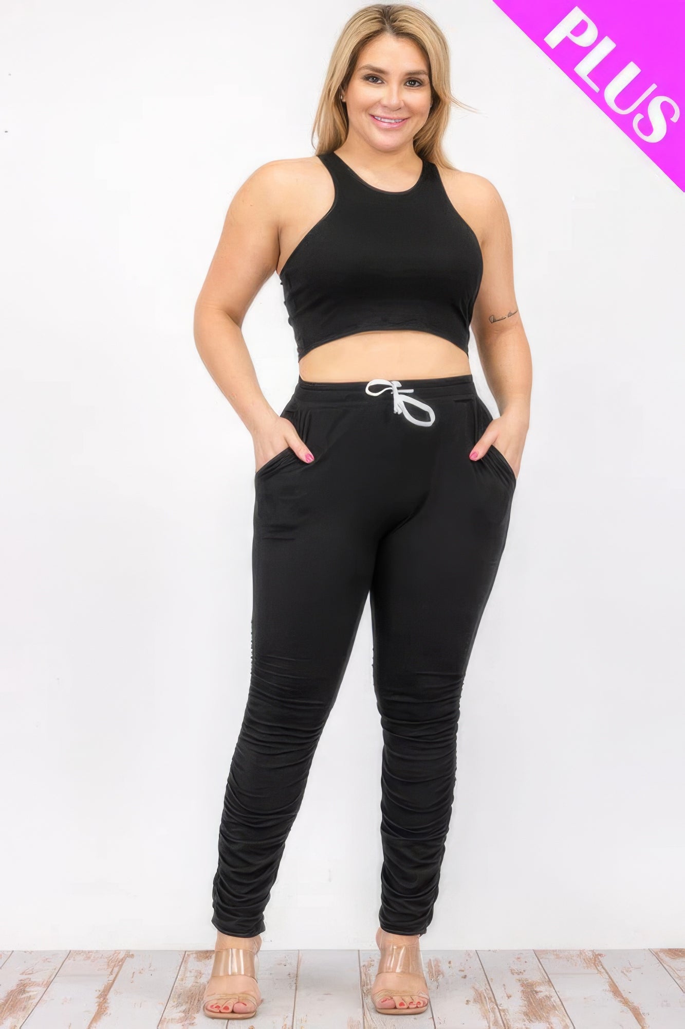 Plus Size Crop Tank Top & Ruched Pants Set CCWHOLESALECLOTHING