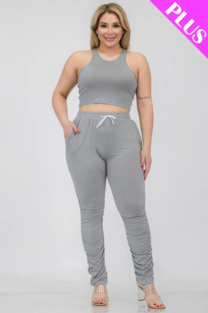 Plus Size Crop Tank Top & Ruched Pants Set CCWHOLESALECLOTHING