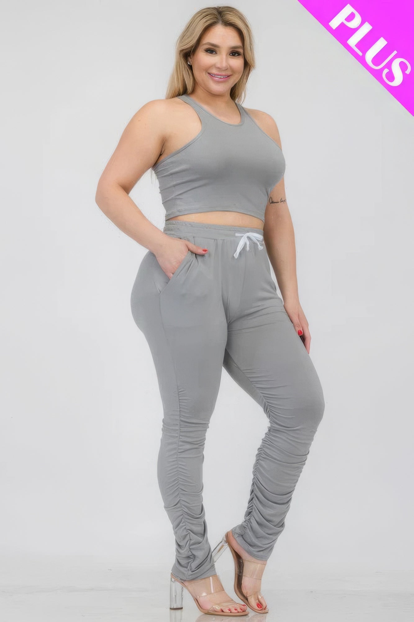 Plus Size Crop Tank Top & Ruched Pants Set CCWHOLESALECLOTHING