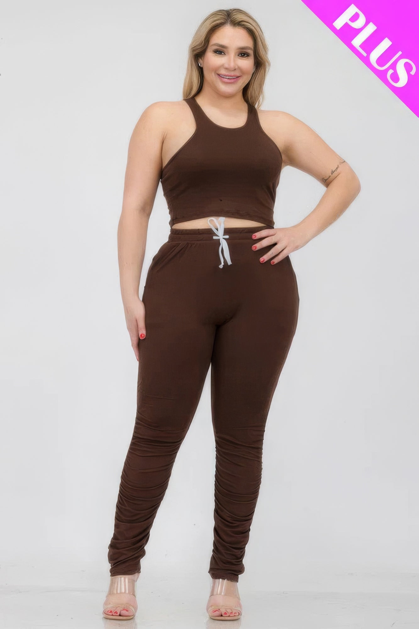 Plus Size Crop Tank Top & Ruched Pants Set CCWHOLESALECLOTHING