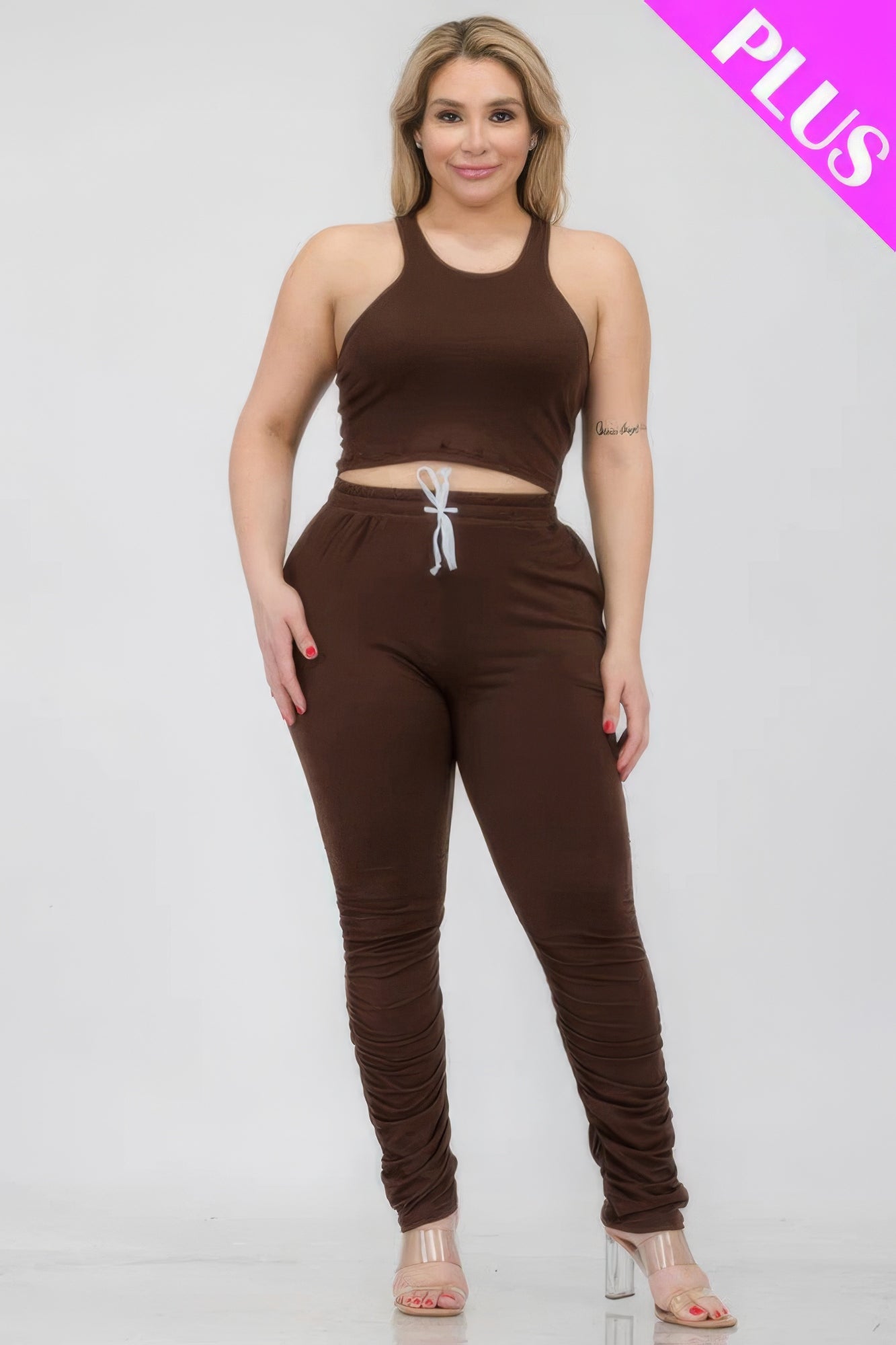 Plus Size Crop Tank Top & Ruched Pants Set CCWHOLESALECLOTHING