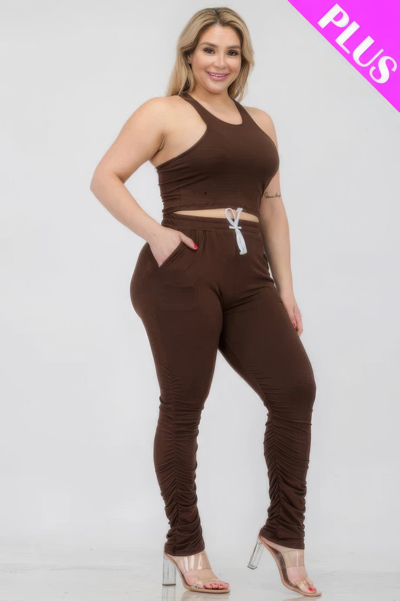 Plus Size Crop Tank Top & Ruched Pants Set CCWHOLESALECLOTHING