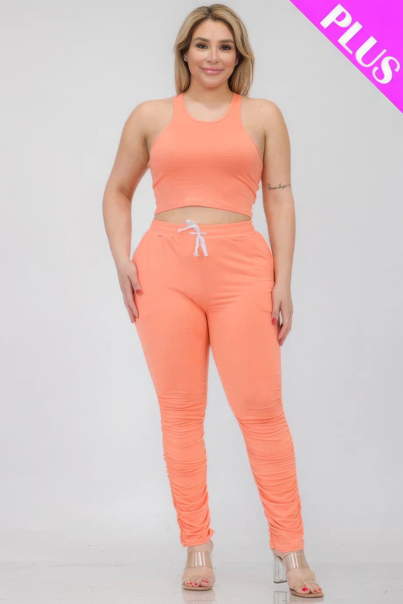 Plus Size Crop Tank Top & Ruched Pants Set CCWHOLESALECLOTHING