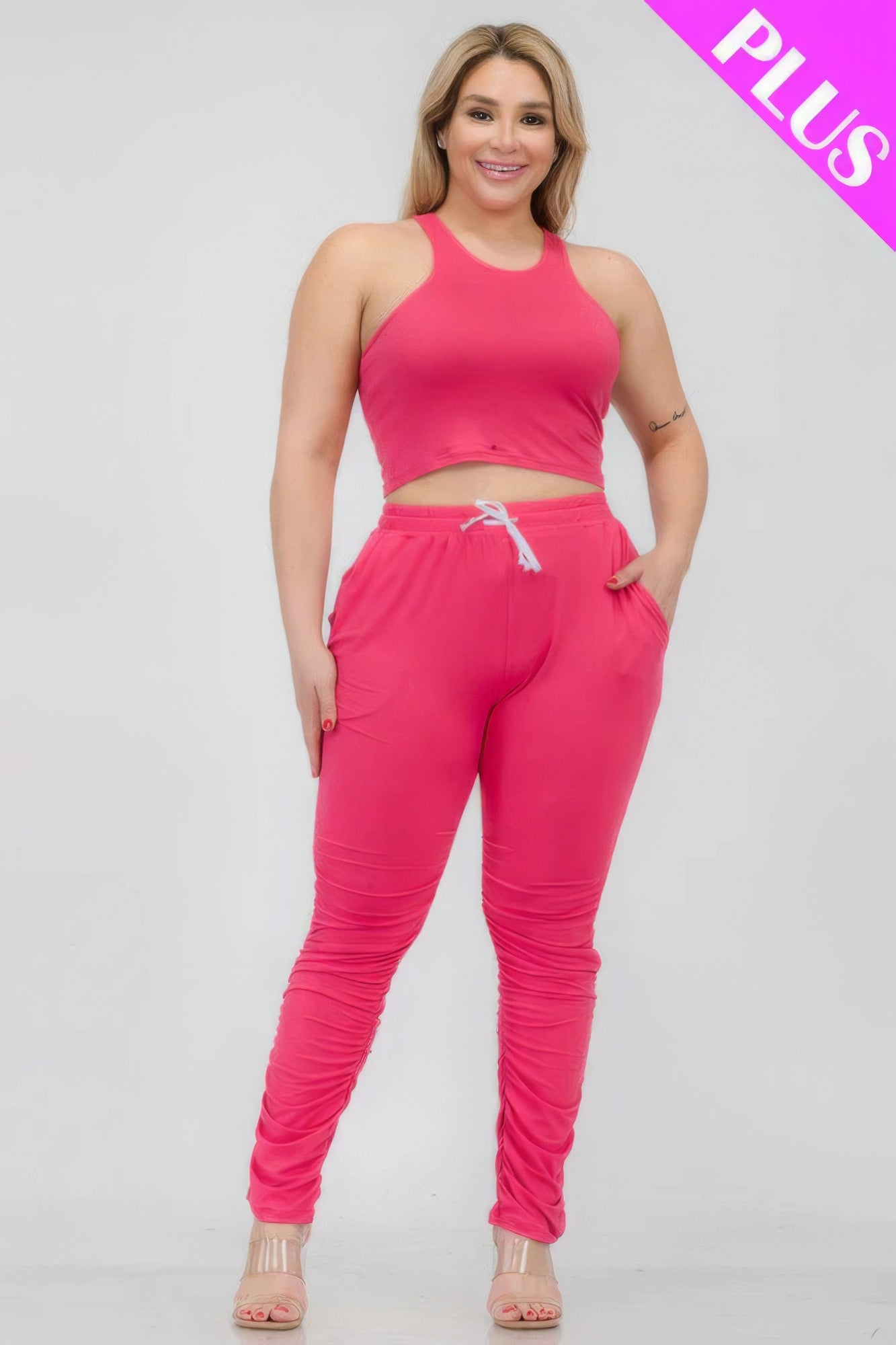 Plus Size Crop Tank Top & Ruched Pants Set CCWHOLESALECLOTHING