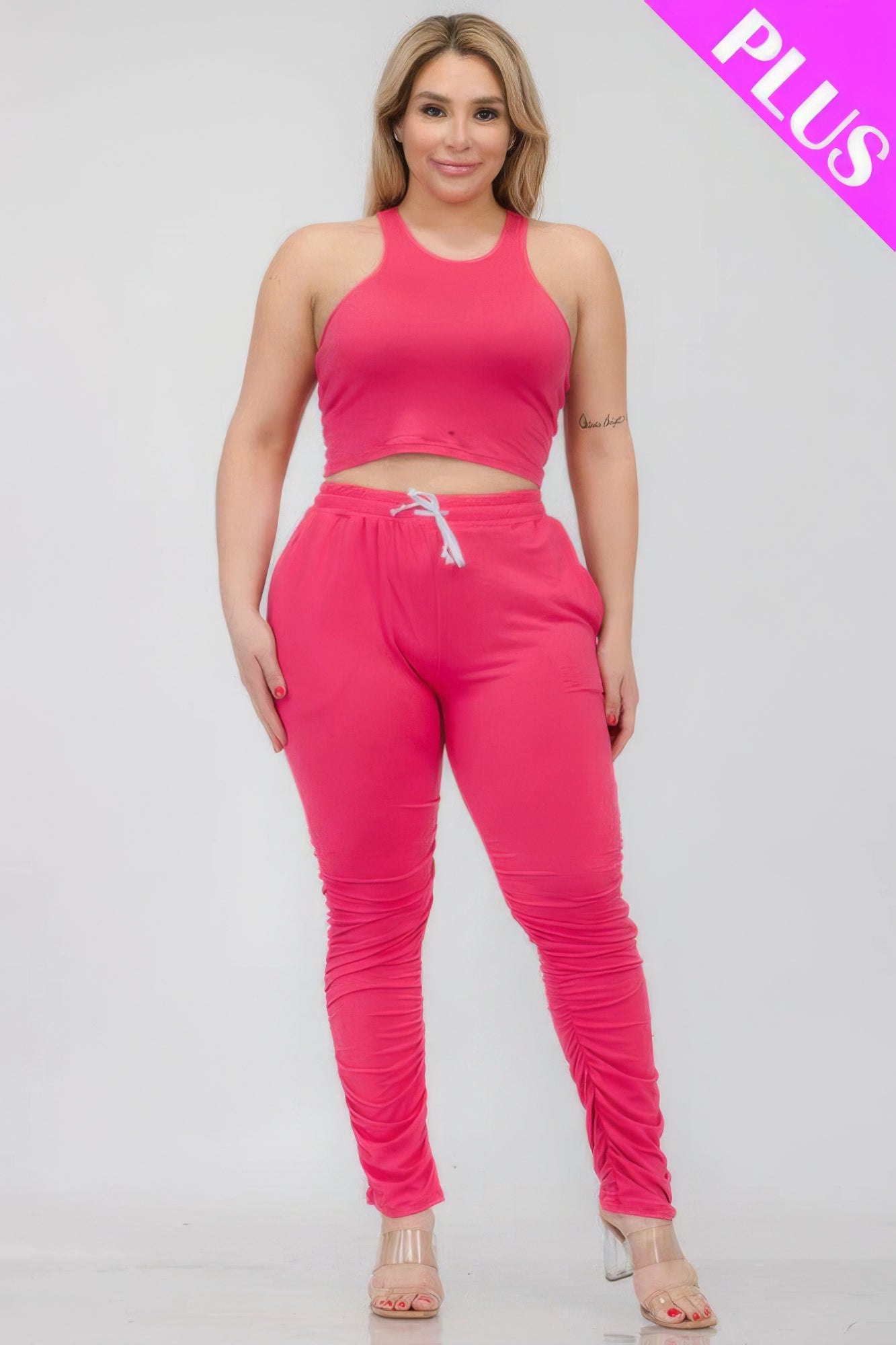 Plus Size Crop Tank Top & Ruched Pants Set CCWHOLESALECLOTHING