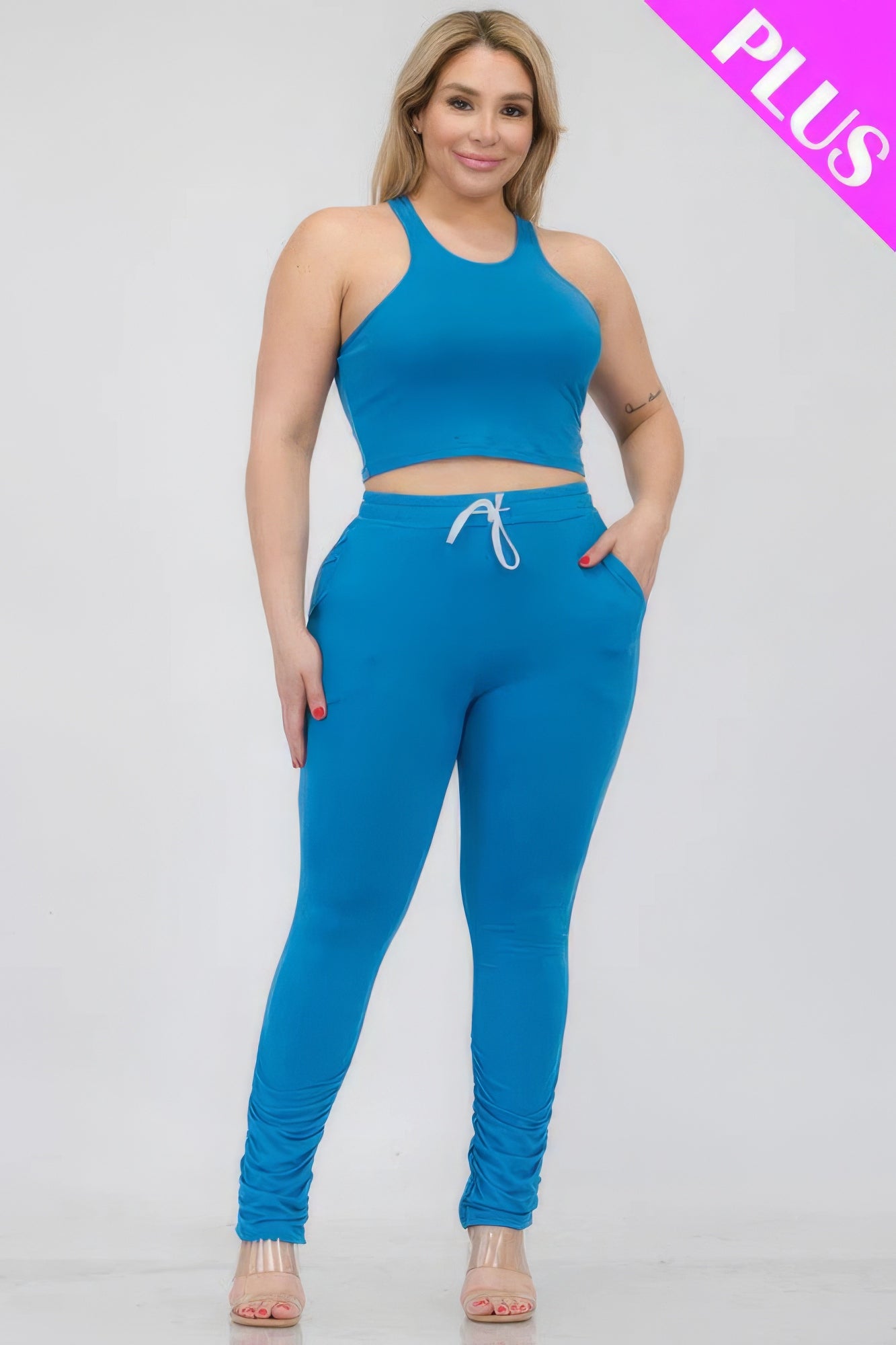 Plus Size Crop Tank Top & Ruched Pants Set CCWHOLESALECLOTHING