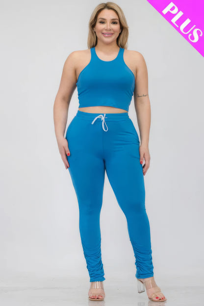 Plus Size Crop Tank Top & Ruched Pants Set CCWHOLESALECLOTHING