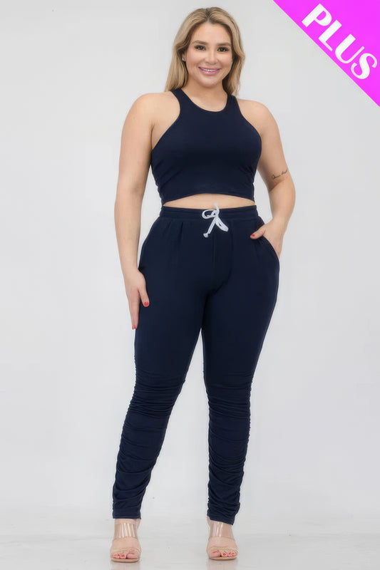 Plus Size Crop Tank Top & Ruched Pants Set CCWHOLESALECLOTHING