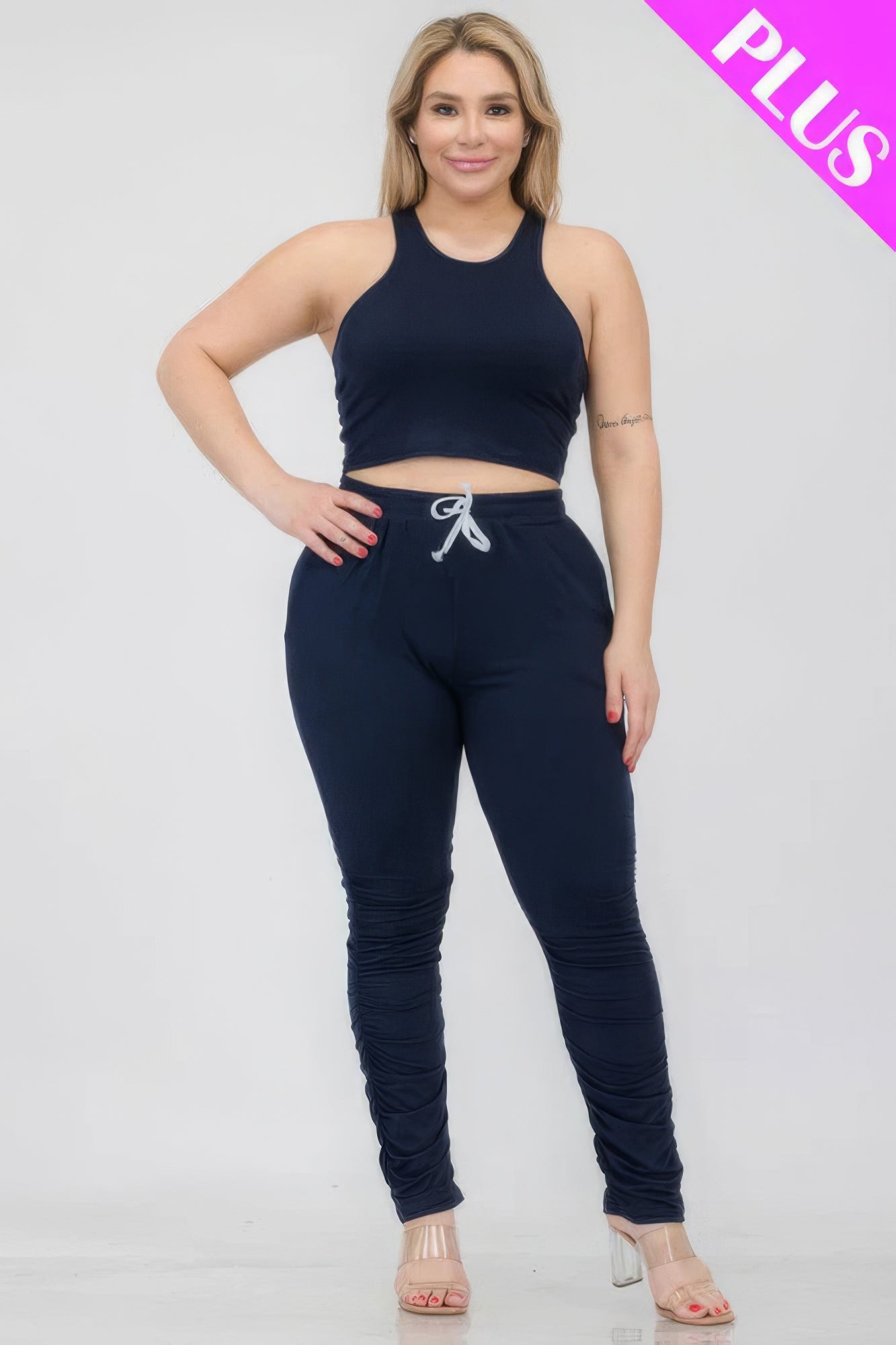 Plus Size Crop Tank Top & Ruched Pants Set CCWHOLESALECLOTHING