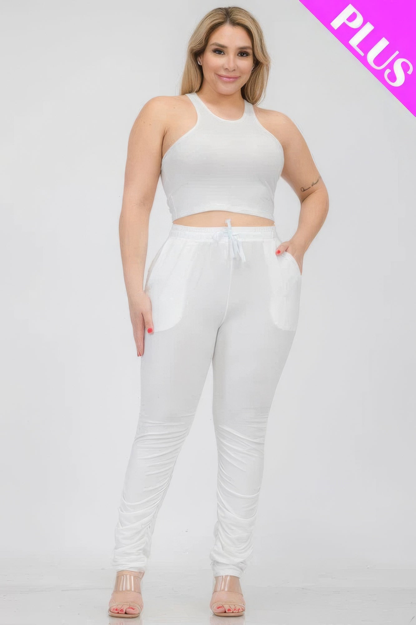 Plus Size Crop Tank Top & Ruched Pants Set CCWHOLESALECLOTHING