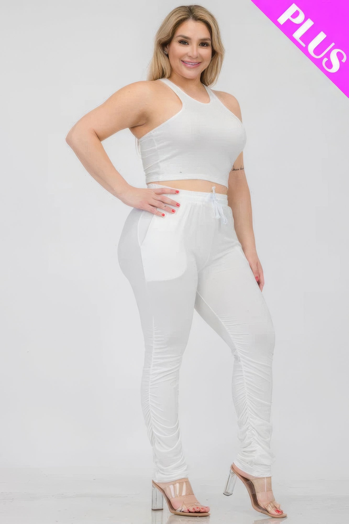 Plus Size Crop Tank Top & Ruched Pants Set CCWHOLESALECLOTHING