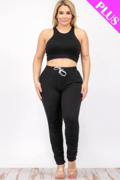 Plus Size Crop Tank Top & Ruched Pants Set CCWHOLESALECLOTHING