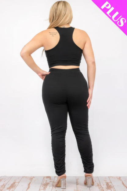 Plus Size Crop Tank Top & Ruched Pants Set CCWHOLESALECLOTHING