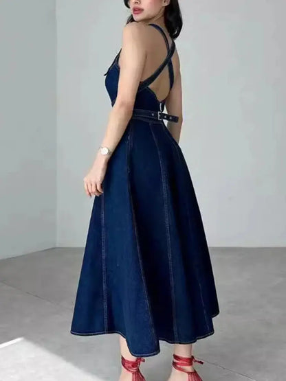 CHICEVER Streetwear Denim Maxi Dress Square Collar Off Shouder Spliced Crisscross Lace Up Backless High Waist Dresses Female New FZwear