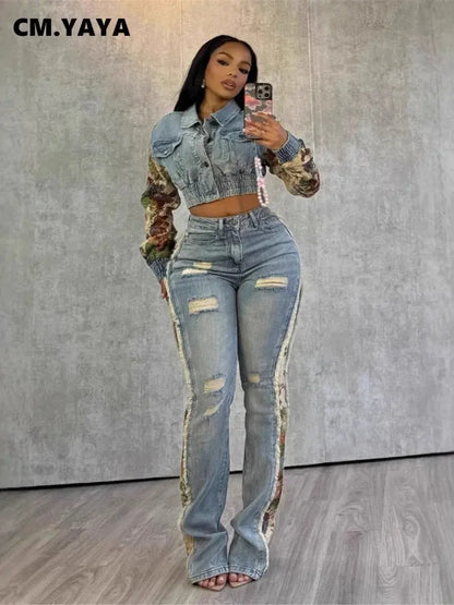 CM.YAYA Denim Women's Set Floral Patchwork Full Sleeve Button Fly Jacket and Ripped Jeans Pants Suit 2024 Two 2 Piece Set Outfit FZwear