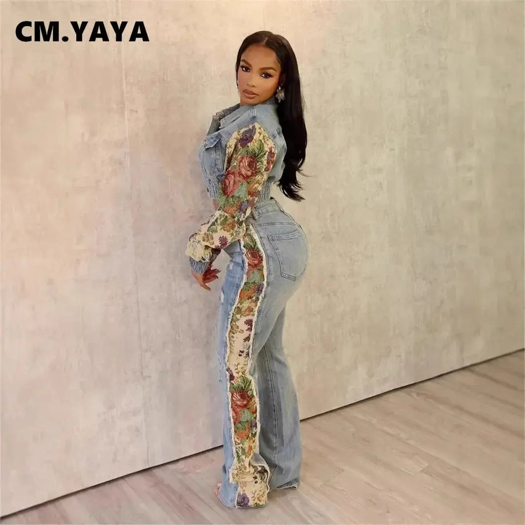 CM.YAYA Denim Women's Set Floral Patchwork Full Sleeve Button Fly Jacket and Ripped Jeans Pants Suit 2024 Two 2 Piece Set Outfit FZwear