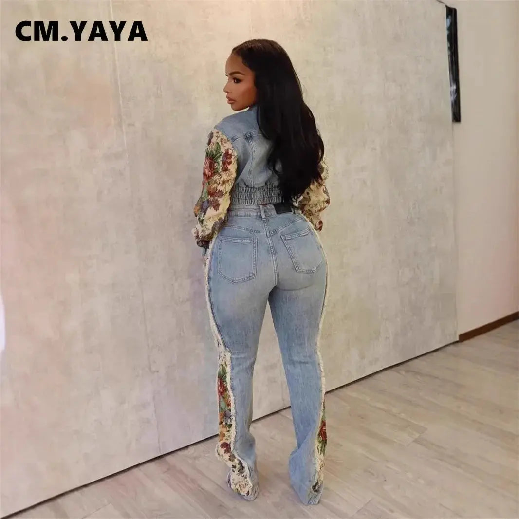 CM.YAYA Denim Women's Set Floral Patchwork Full Sleeve Button Fly Jacket and Ripped Jeans Pants Suit 2024 Two 2 Piece Set Outfit FZwear