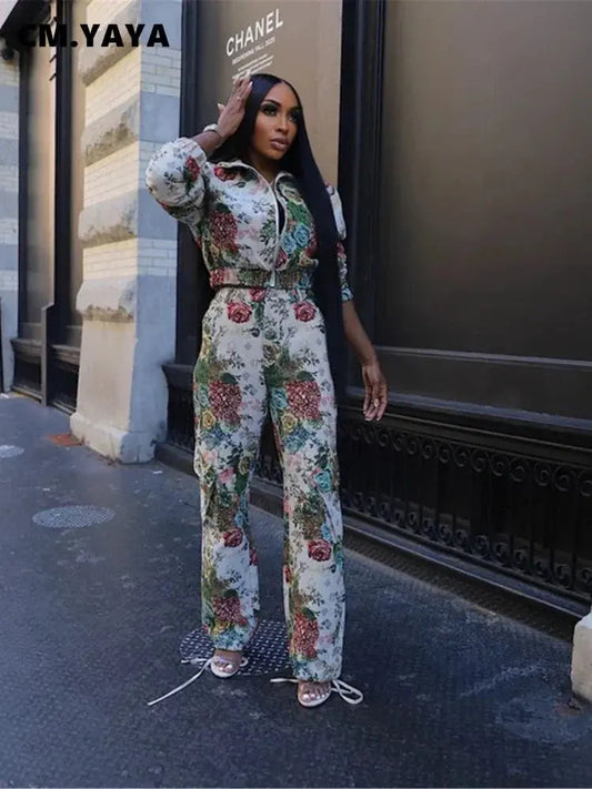 CM.YAYA Floral Print Women's Set Full Sleeve Jacket and Wide Leg Pocket Pants Cargo Street Two 2 Piece Set Outfit 2024 Tracksuit FZwear