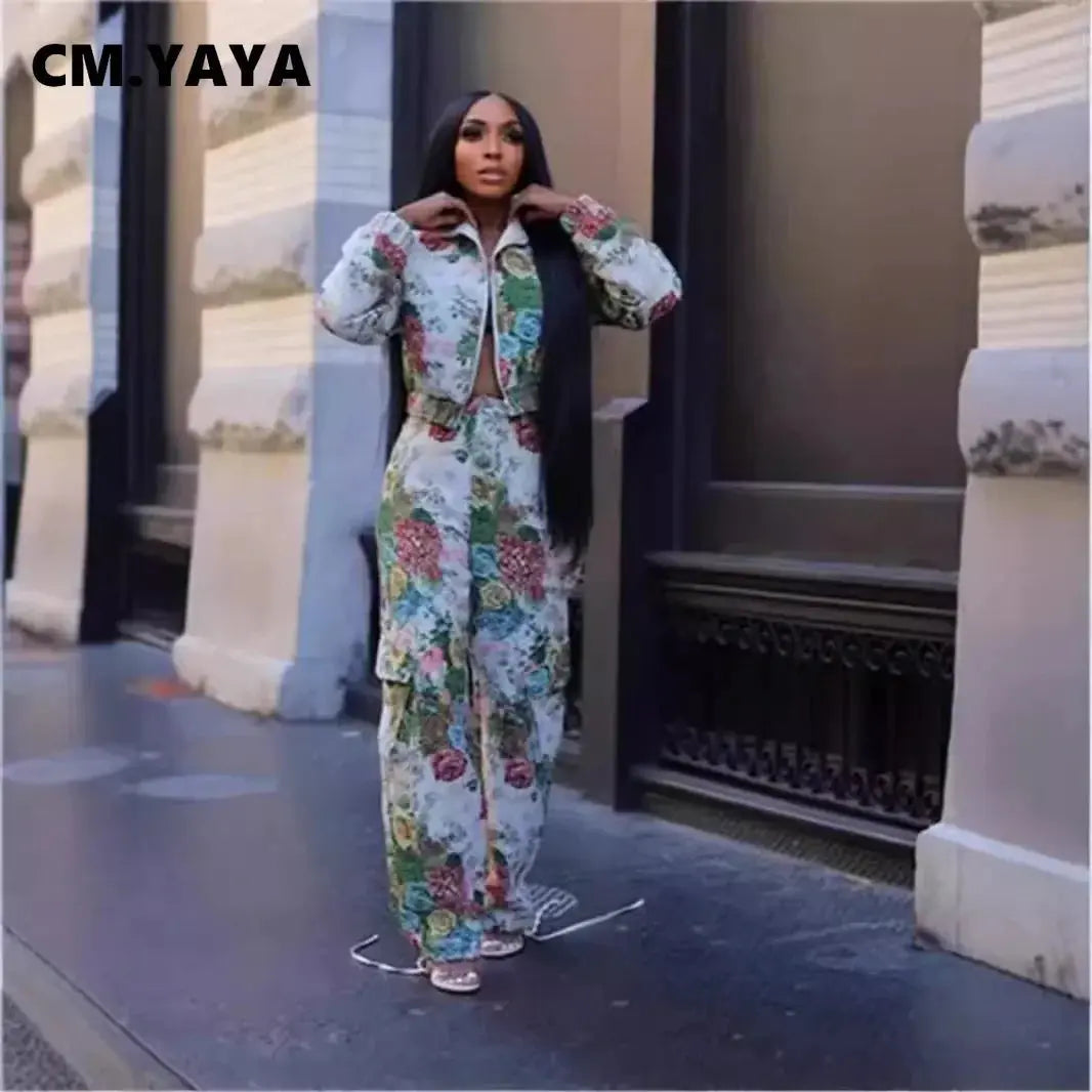 CM.YAYA Floral Print Women's Set Full Sleeve Jacket and Wide Leg Pocket Pants Cargo Street Two 2 Piece Set Outfit 2024 Tracksuit FZwear