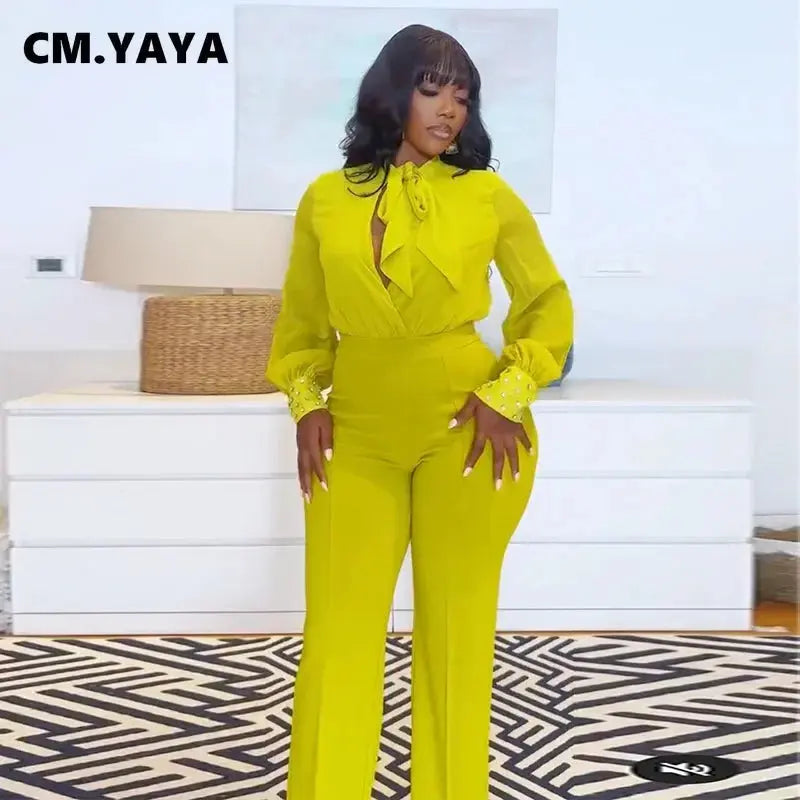 CM.YAYA Street Women's Set Long Sleeve Bowknot Neck Blouse and Wide Leg Pants Elegant 2024 Fashion Two 2-Piece Set Outfits FZwear