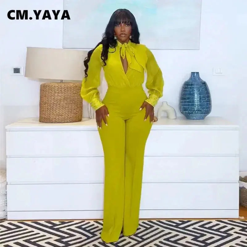 CM.YAYA Street Women's Set Long Sleeve Bowknot Neck Blouse and Wide Leg Pants Elegant 2024 Fashion Two 2-Piece Set Outfits FZwear