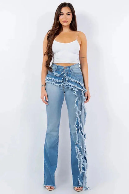 CM.YAYA Women Street Fashion High Waist Wide Leg Jeans Trousers 2024 Summer Ruffles Tassel Ripped Out Washed Chic Denim Pants FZwear