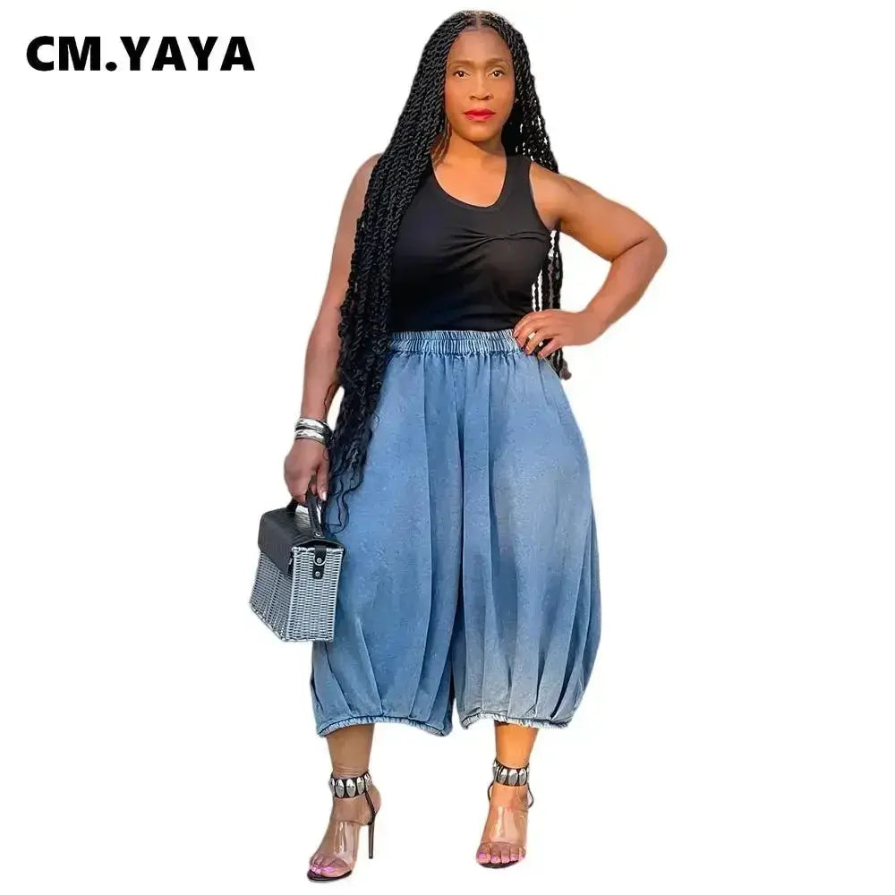 CM.YAYA Women Streetwear Fashion Fly Denim Calf-Length Pants 2024 Autumn Loose Safari Style Cargo Harem Hip Hop Jeans FZwear