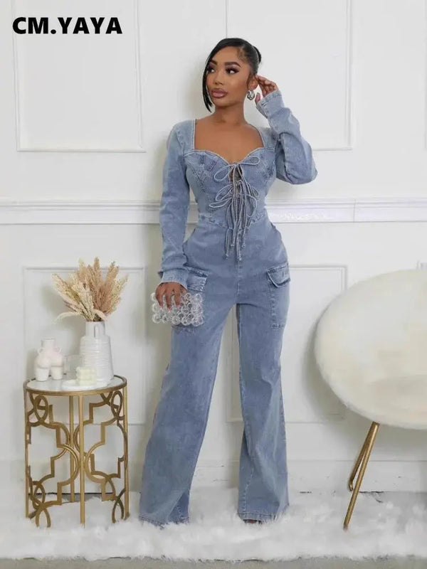 CM.YAYA Women Tie Up Plunging V-neck Cutout Back Denim Washed Long Sleeve Jumpsuits 2024 Oufits Club One Piece Jeans Rompers FZwear