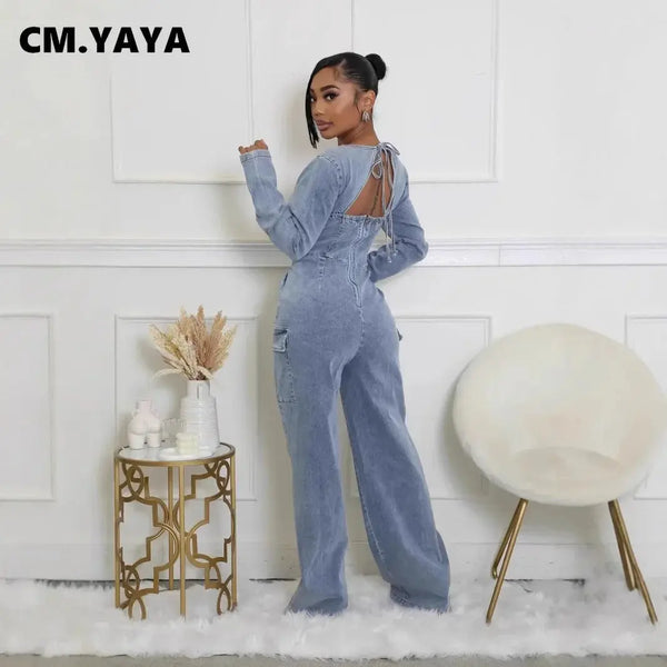 CM.YAYA Women Tie Up Plunging V-neck Cutout Back Denim Washed Long Sleeve Jumpsuits 2024 Oufits Club One Piece Jeans Rompers FZwear