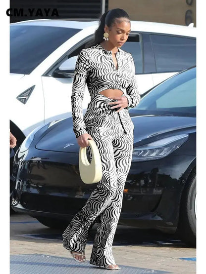 CM.YAYA Women Zebra Striped Wide Leg Pants Suit and Long Sleeve Cutout Front T-shirt Female Autumn Winter Two 2 Piece Set Outfit FZwear