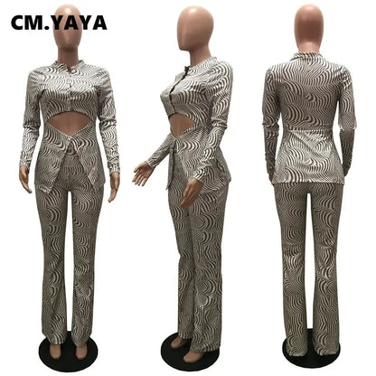 CM.YAYA Women Zebra Striped Wide Leg Pants Suit and Long Sleeve Cutout Front T-shirt Female Autumn Winter Two 2 Piece Set Outfit FZwear