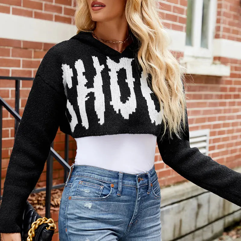 Casual Halloween Sweater Women Letter Graphic Jacquard Long Sleeved Hoodie Pullover Short Knitted Top YINHAN