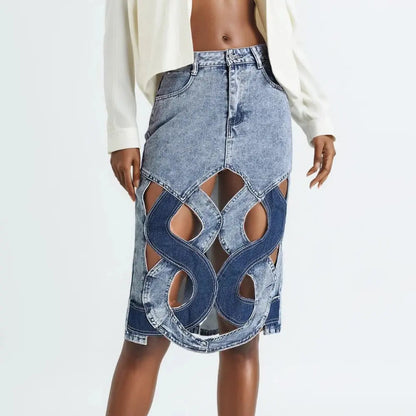 Colorblock Hollow Out Casual Denim Skirts For Women High Waist Patchwork Button A Line Skirt Female Fashion 2024 FZwear