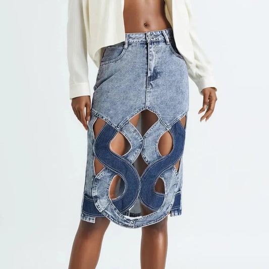 Colorblock Hollow Out Casual Denim Skirts For Women High Waist Patchwork Button A Line Skirt Female Fashion 2024 FZwear