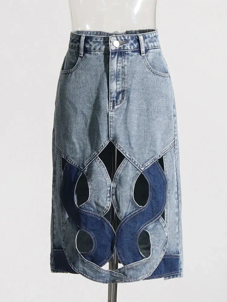 Colorblock Hollow Out Casual Denim Skirts For Women High Waist Patchwork Button A Line Skirt Female Fashion 2024 FZwear