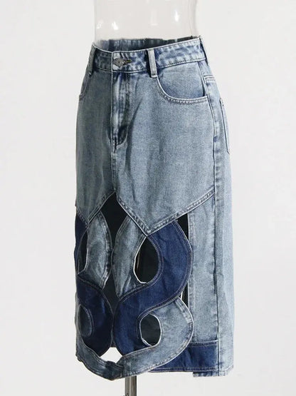 Colorblock Hollow Out Casual Denim Skirts For Women High Waist Patchwork Button A Line Skirt Female Fashion 2024 FZwear