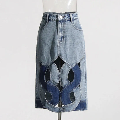 FZ Women's Hollow Out High Waist Patchwork  A Line Denim Skirt