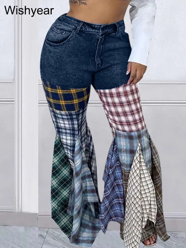 Colorful Plaid Patchwork Flare Baggy Jeans Women Fashion Mid Waist Streetwear Denim Boot Cut Pants Birthday Trouers y2k bottoms FZwear