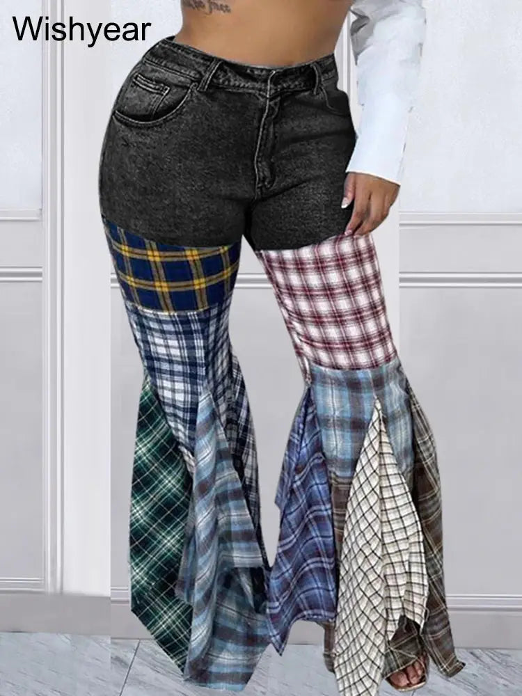 Colorful Plaid Patchwork Flare Baggy Jeans Women Fashion Mid Waist Streetwear Denim Boot Cut Pants Birthday Trouers y2k bottoms FZwear