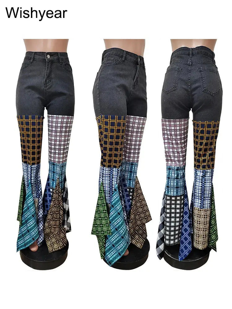 Colorful Plaid Patchwork Flare Baggy Jeans Women Fashion Mid Waist Streetwear Denim Boot Cut Pants Birthday Trouers y2k bottoms FZwear