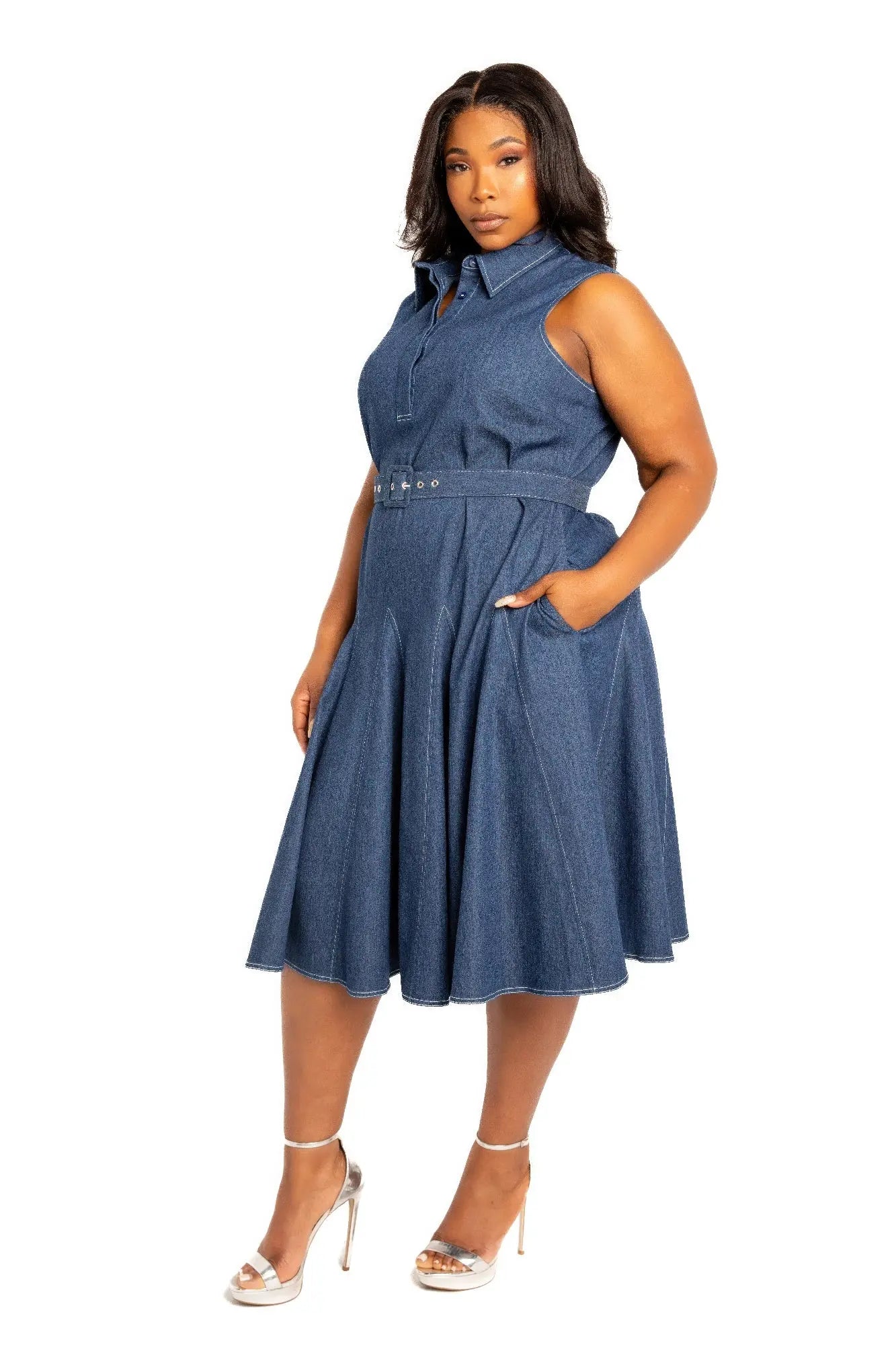 Contrast stitch washed denim shirt dress with belt CCWHOLESALECLOTHING