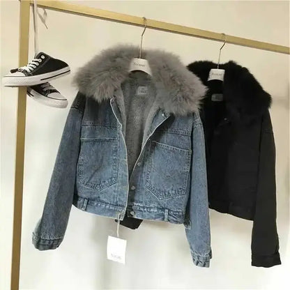 Crop Female Jeans Coat Padded Warm Short with Fur Plush Winter 2024 for Cold Women's Denim Jackets Small Wool Inside Outerwears FZwear