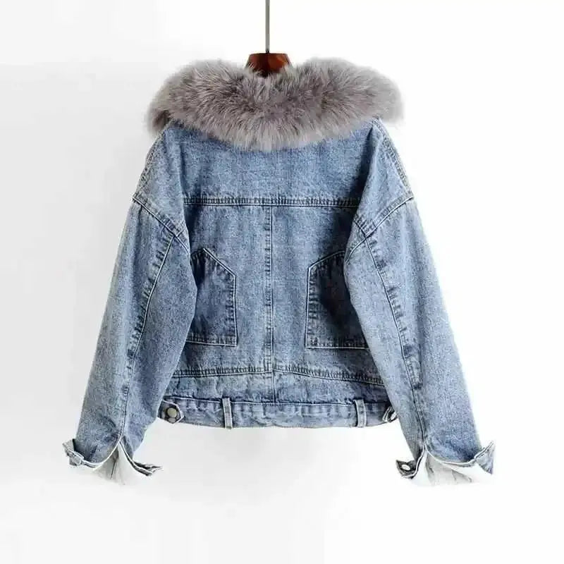 Crop Female Jeans Coat Padded Warm Short with Fur Plush Winter 2024 for Cold Women's Denim Jackets Small Wool Inside Outerwears FZwear