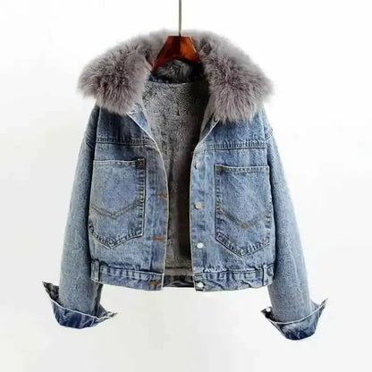 FZ Women's Padded Short with Faux Fur Plush Denim Jacket