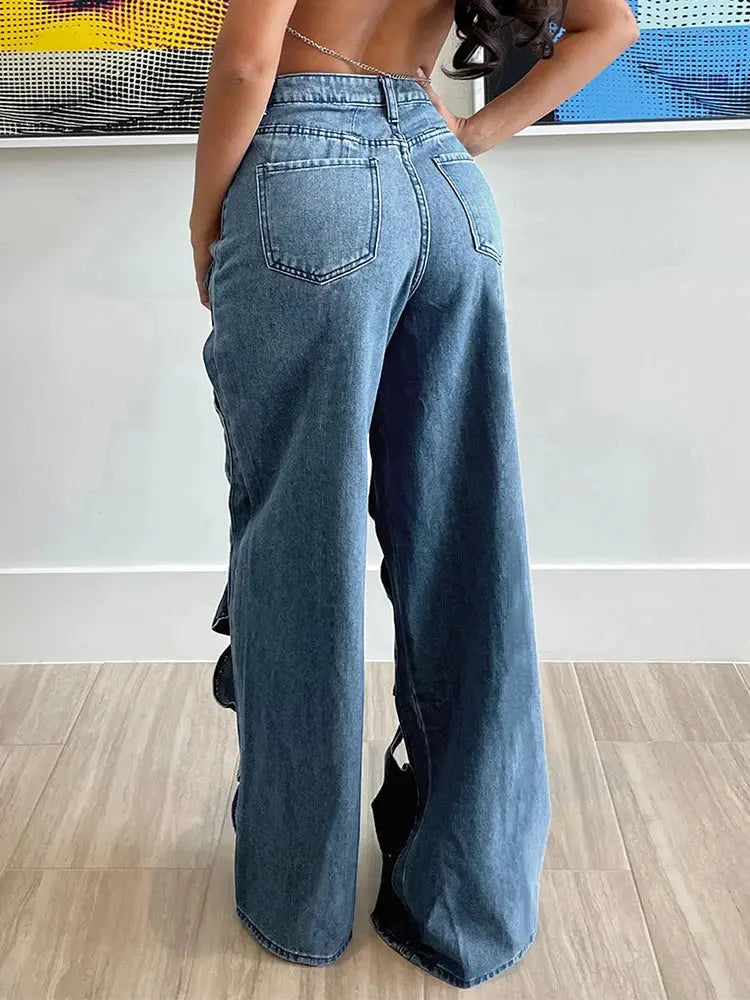 FZ Women's Sexy Hollow Out High Waist Patchwork Wide Leg Denim Pants - FZwear