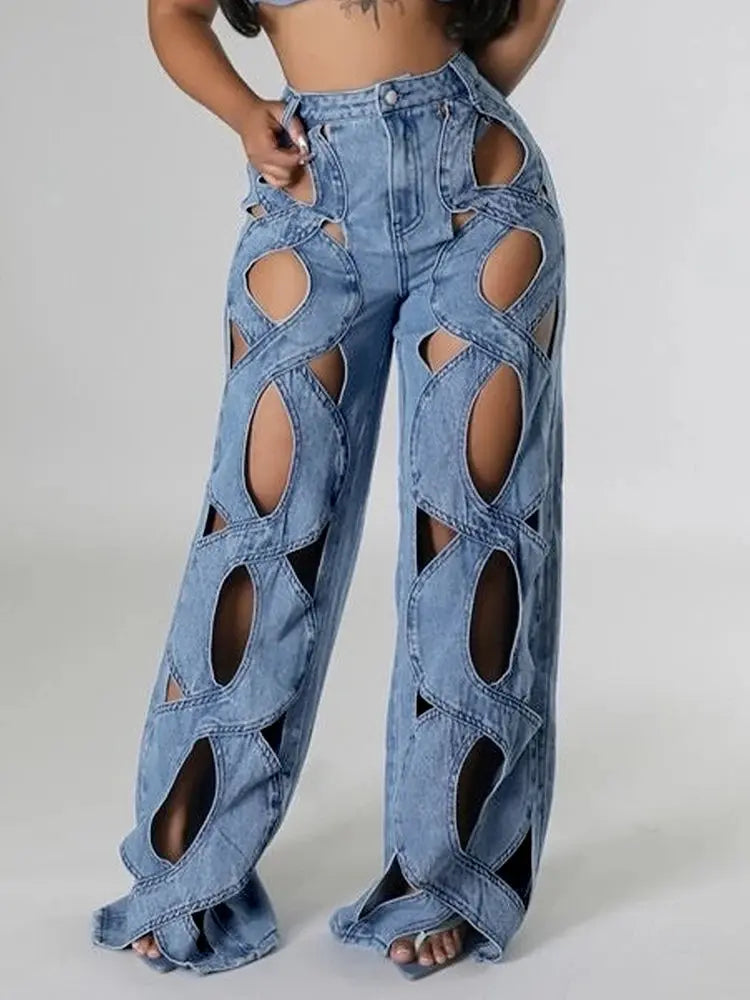 FZ Women's Sexy Hollow Out High Waist Patchwork Wide Leg Denim Pants - FZwear