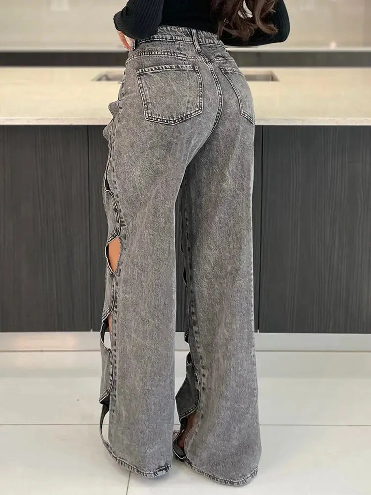 FZ Women's Sexy Hollow Out High Waist Patchwork Wide Leg Denim Pants - FZwear