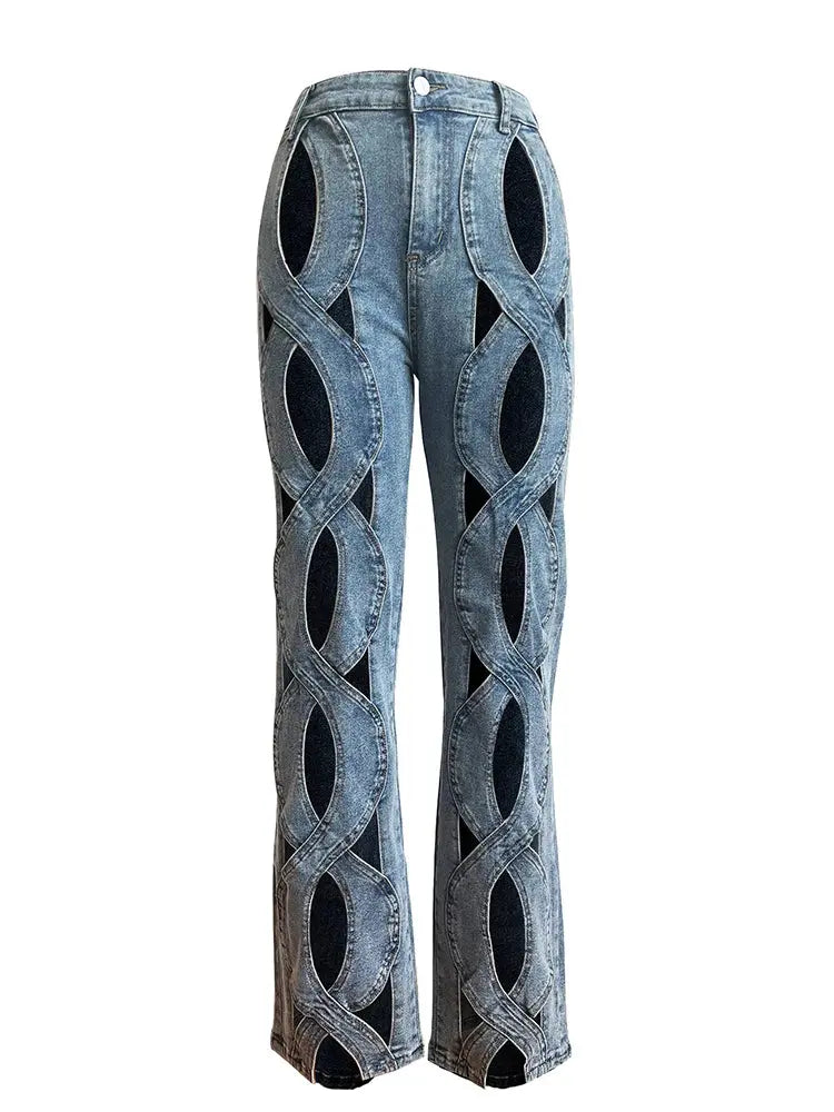 FZ Women's Sexy Hollow Out High Waist Patchwork Wide Leg Denim Pants - FZwear