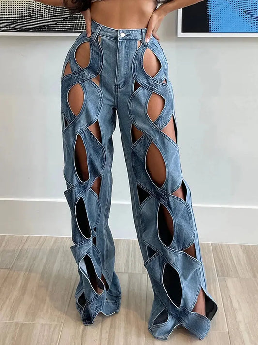 FZ Women's Sexy Hollow Out High Waist Patchwork Wide Leg Denim Pants - FZwear