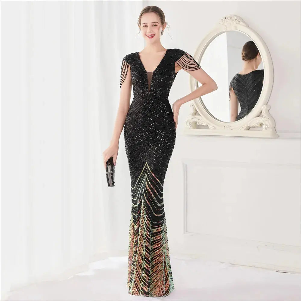 DEERVEADO Elegant V Neck Mermaid Evening Dress Long Luxury Beads Women Evening Party Dresses 2023 New Formal Dress 19085 FZwear